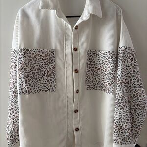 SHEIN White and Brown Leopard Print Button Down Shirt